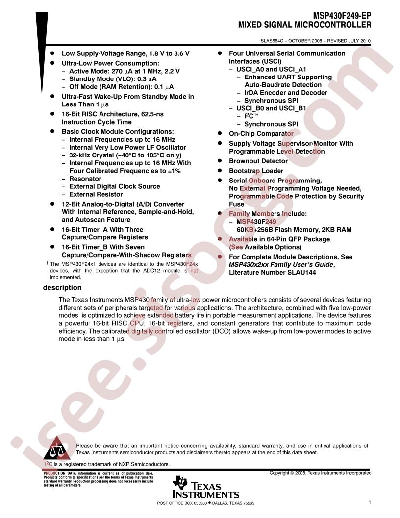 MSP430F249-EP Datasheet