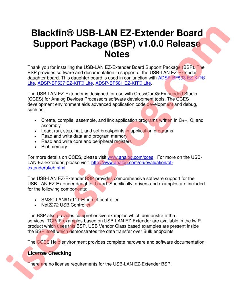 Blackfin® USB-LAN EZ-Extender BSP Release Notes