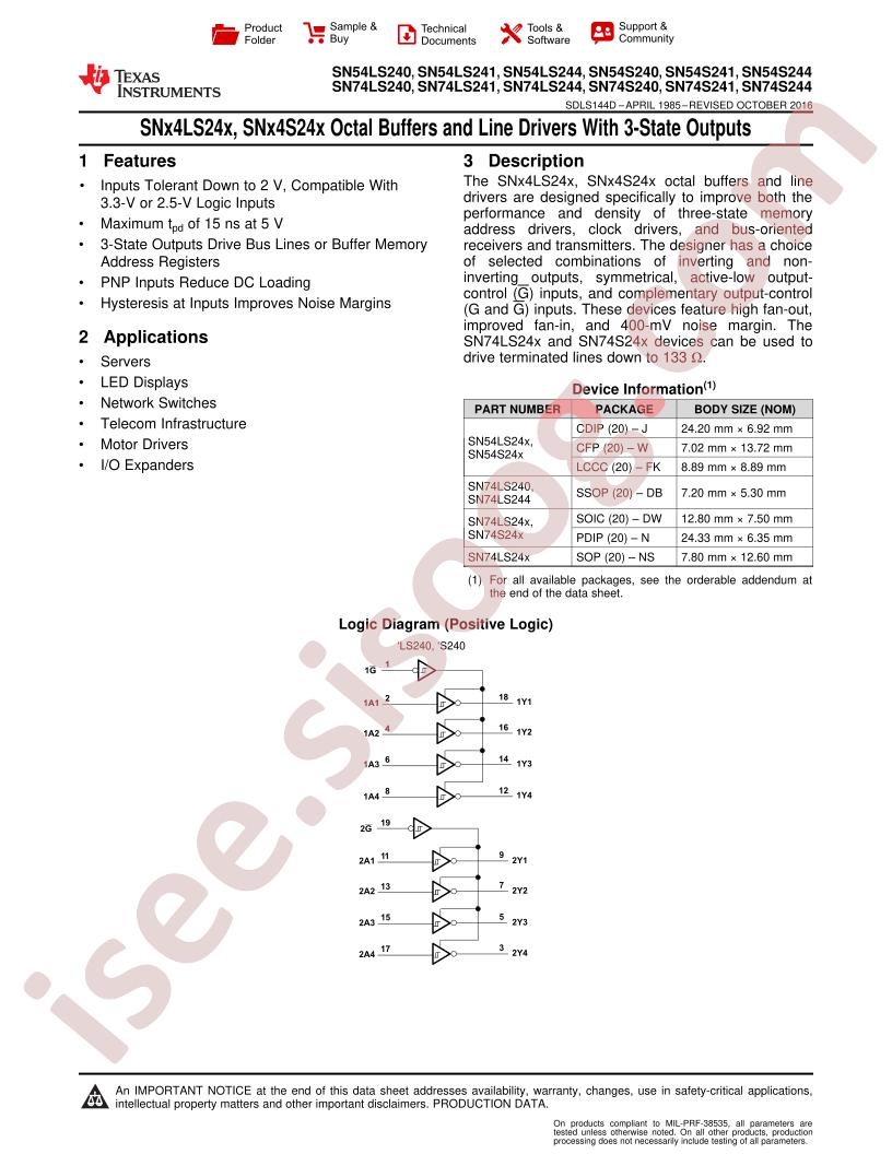 SNx4L(S)240,241,244 Datasheet