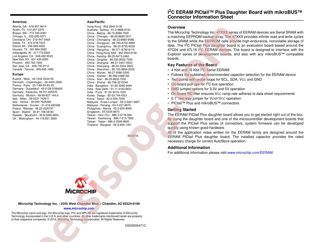 I2C EERAM PICtail™ Plus Daughter Brd Info Sheet