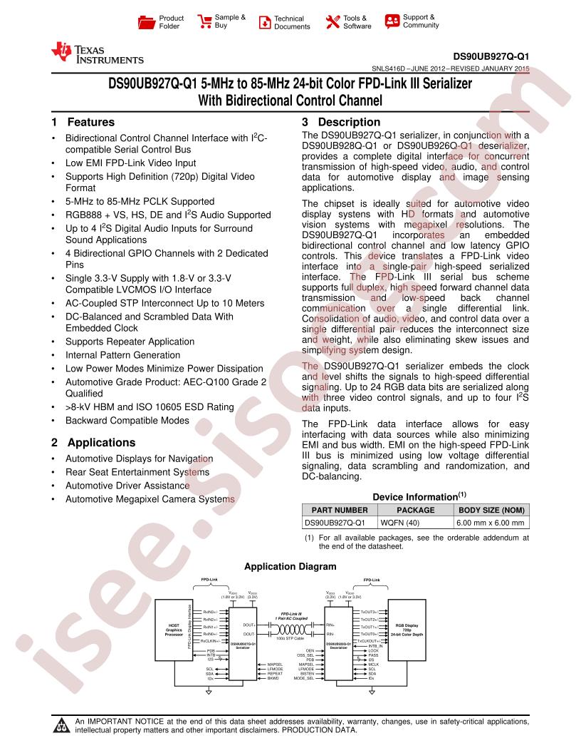 DS90UB927QSQ Datasheet