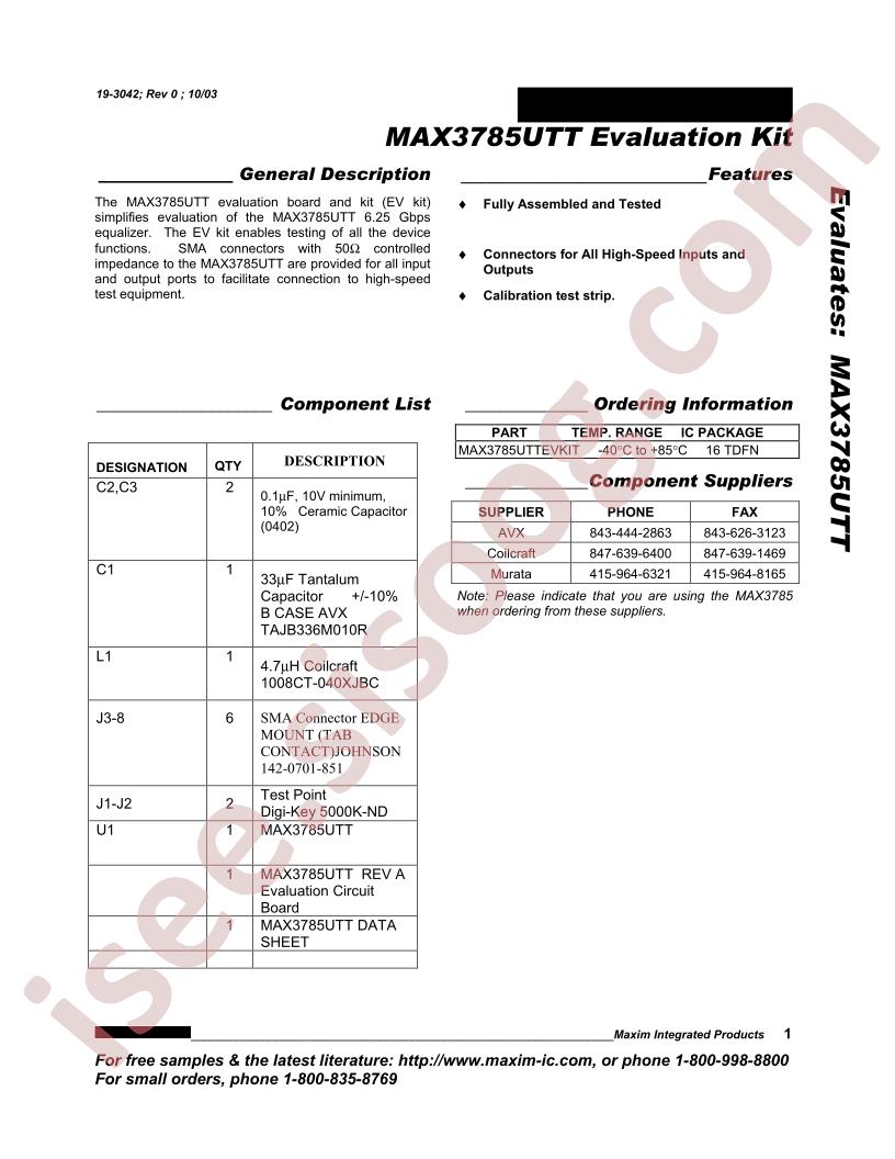 MAX3785UTT Eval Kit