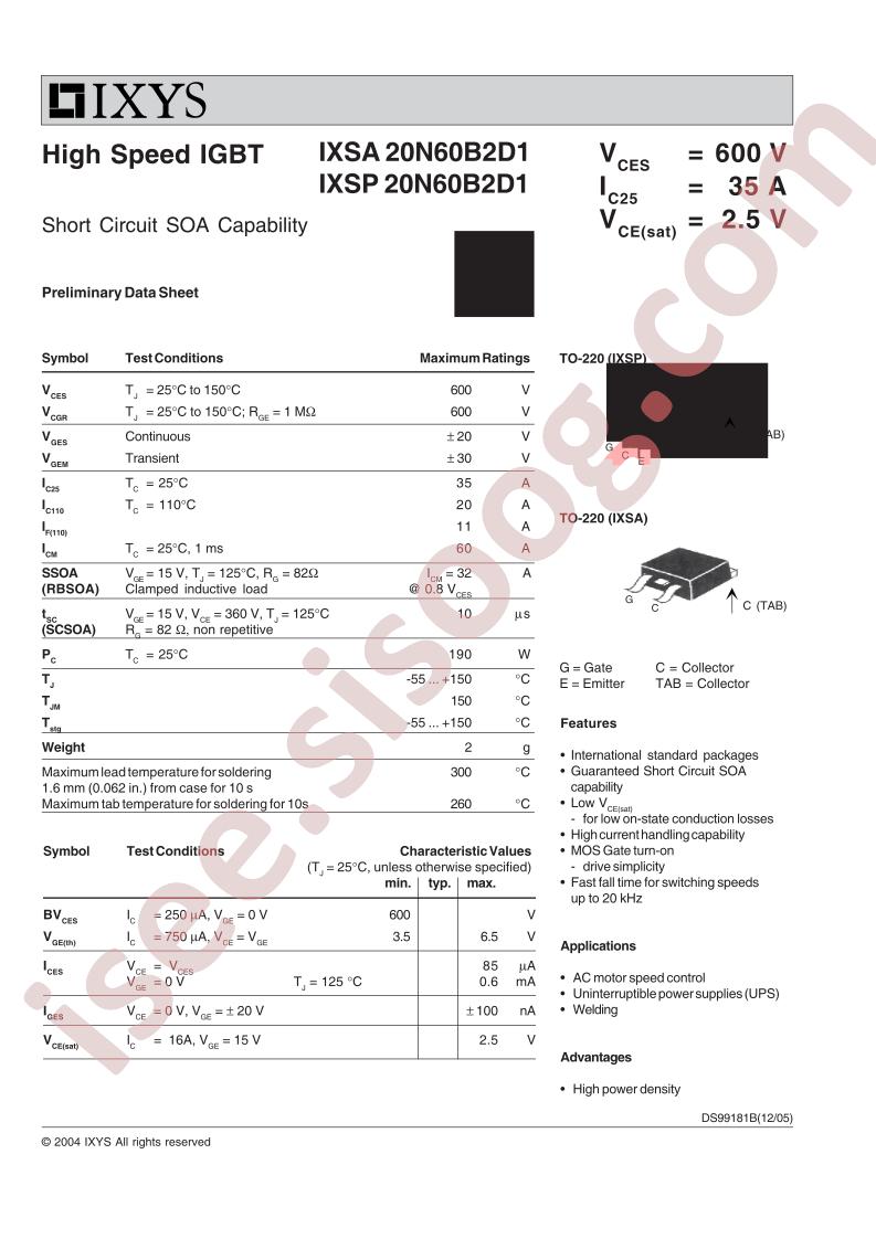 IXSP20N60B2(D1)