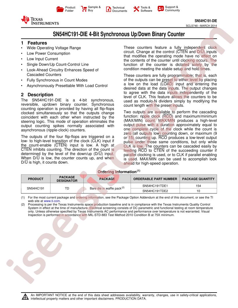 SN54HC191-DIE Datasheet