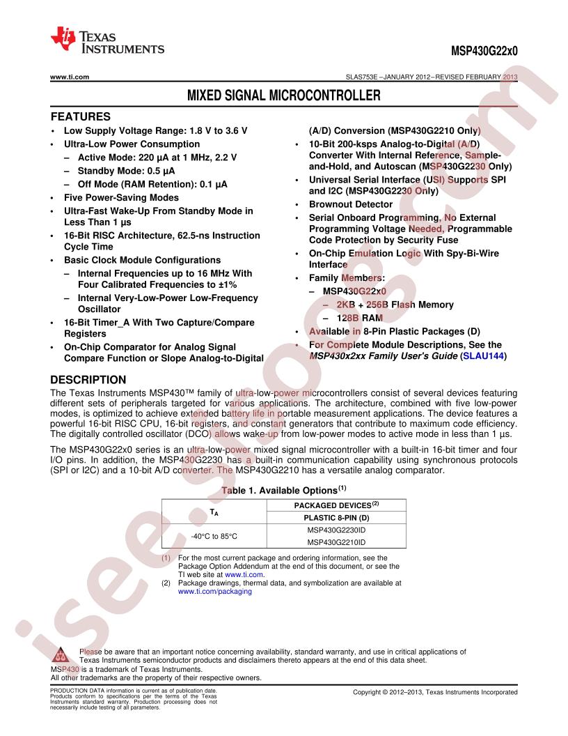 MSP430G22x0 Datasheet