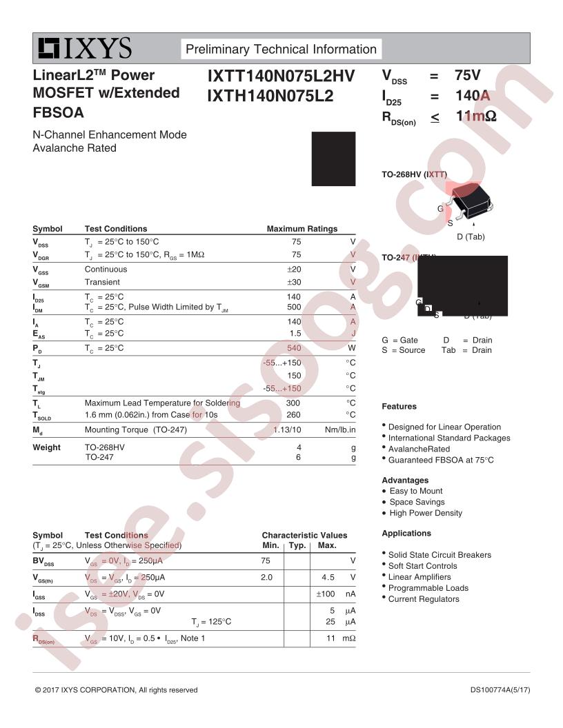 IXTT140N075L2HV, IXTH140N075L2