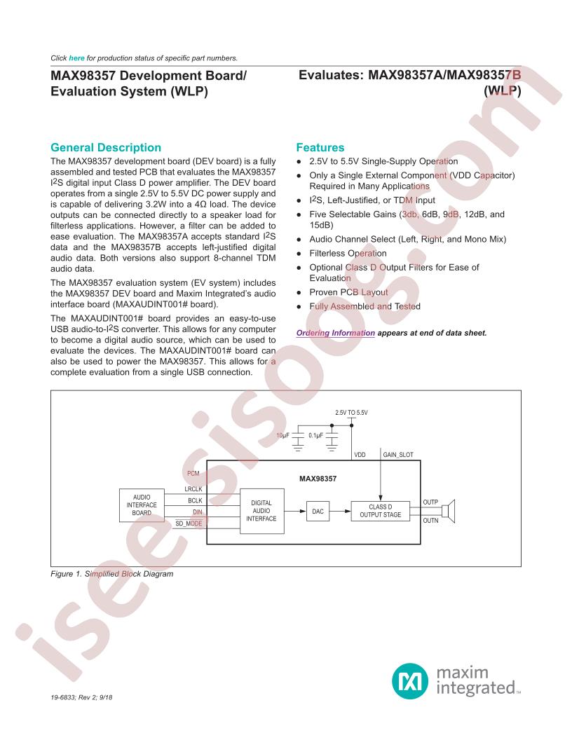 MAX98357 Dev Brd, Eval Syst (WLP)