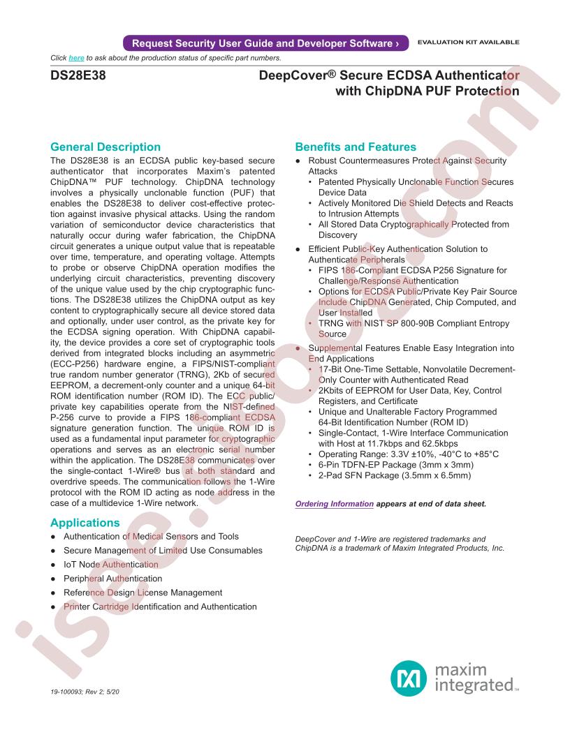 DS28E38 Datasheet