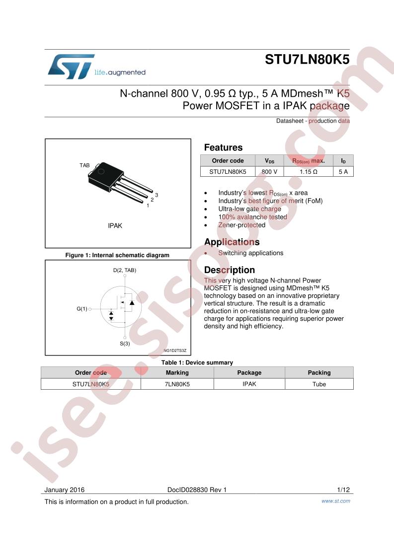 STU7LN80K5 Datasheet