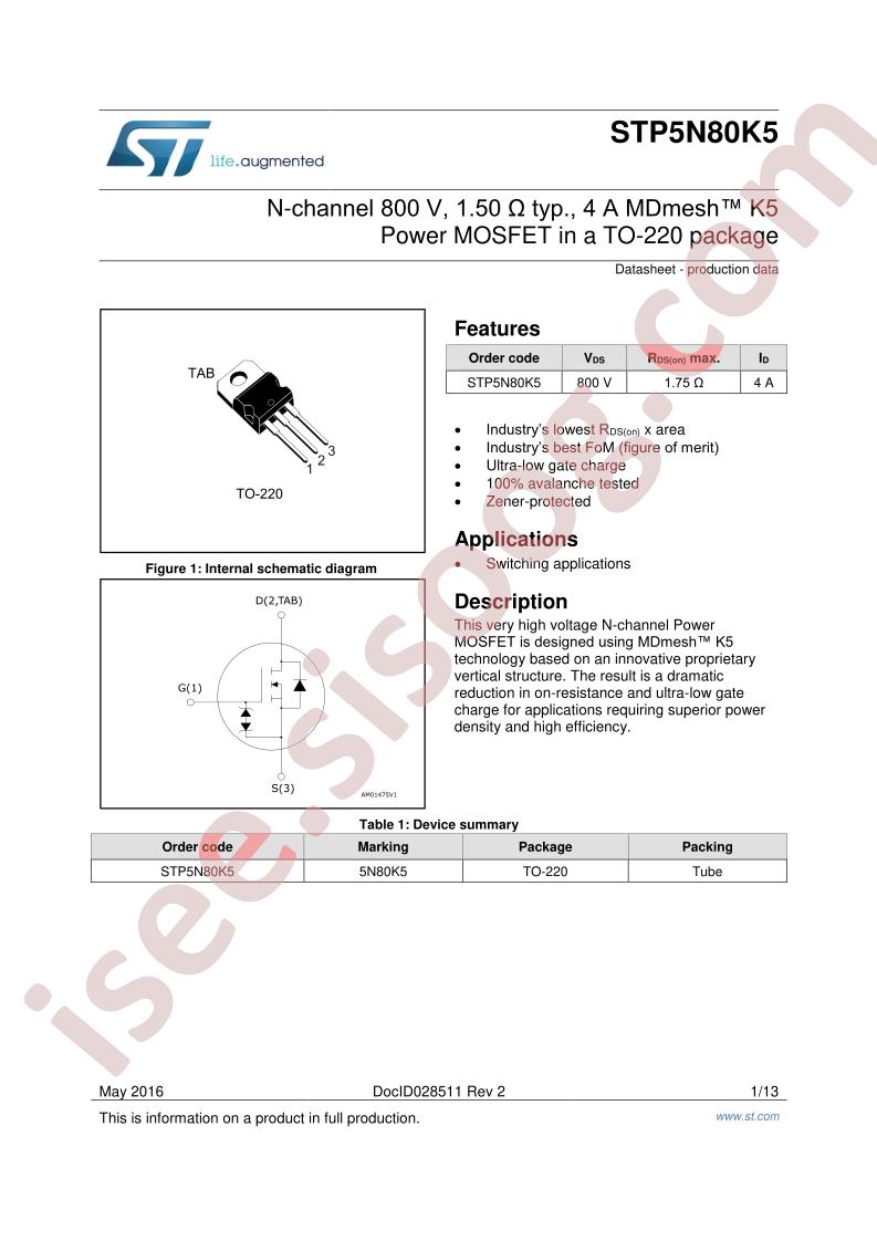 STP5N80K5 Datasheet