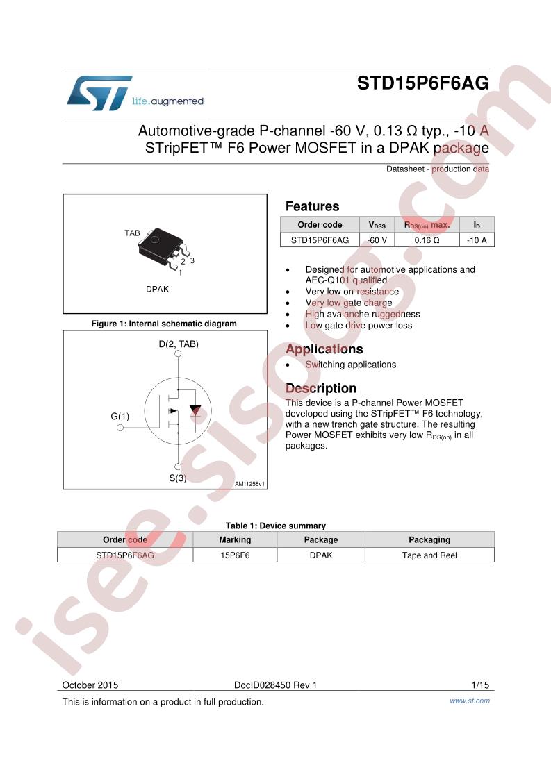 STD15P6F6AG Datasheet