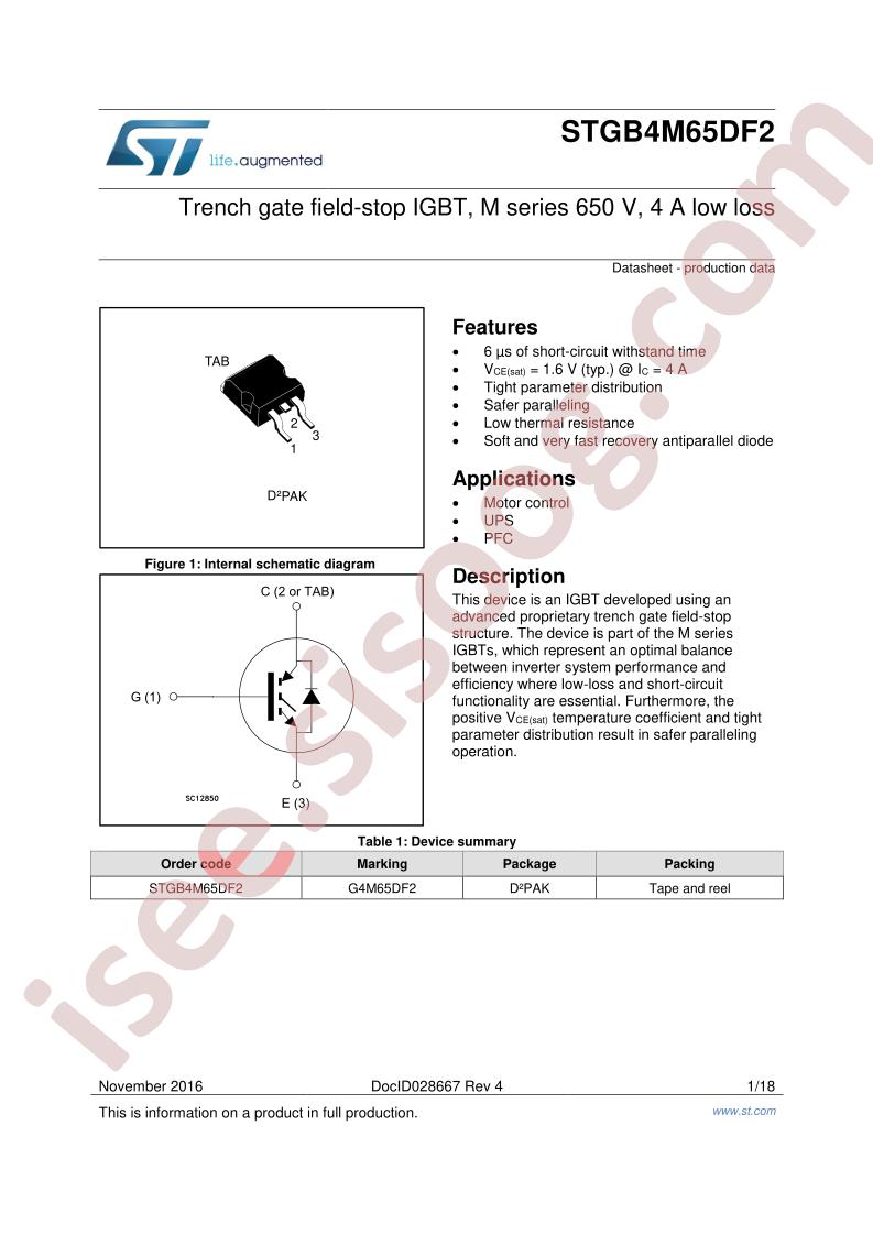 STGB4M65DF2 Datasheet