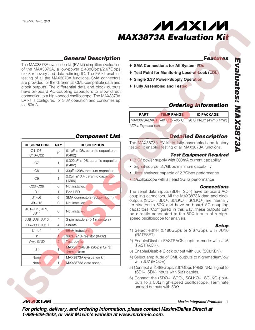 MAX3873A Evaluation Kit