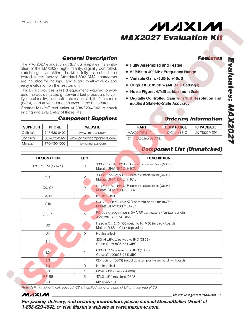 MAX2027 Eval Kit