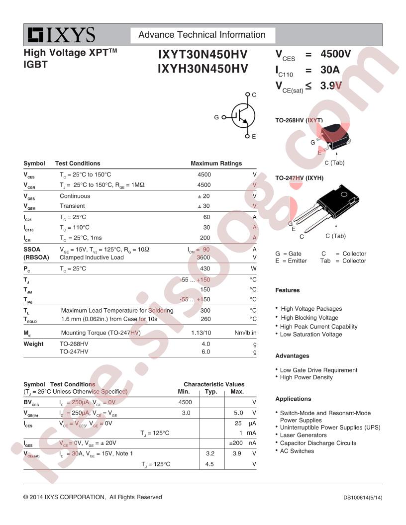 IXYT30N450HV, IXYH30N450HV