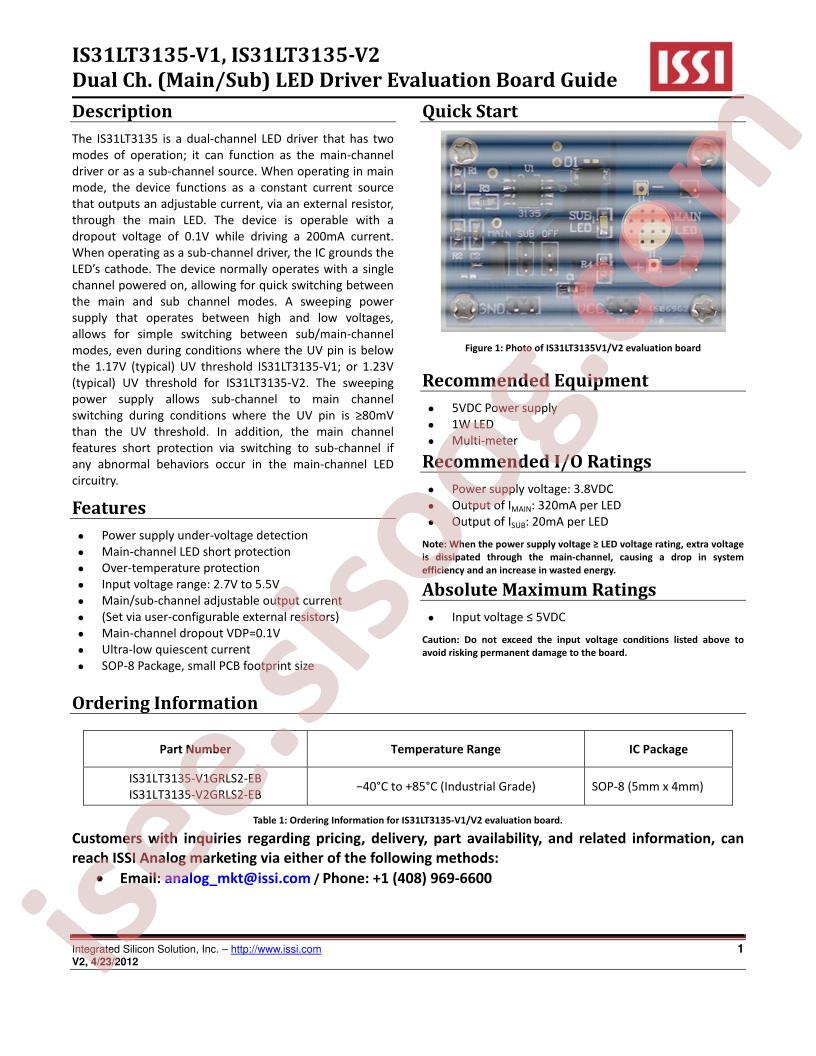 IS31LT3135V1/V2 Eval Brd Guide