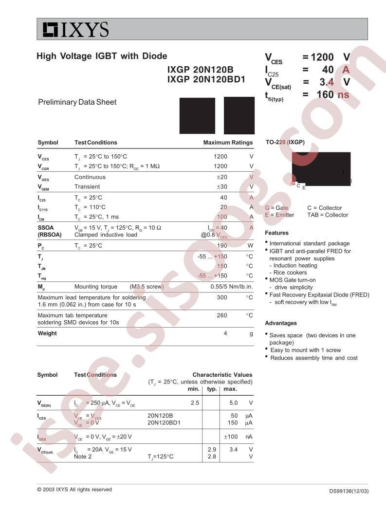 IXGP20N120B/BD1