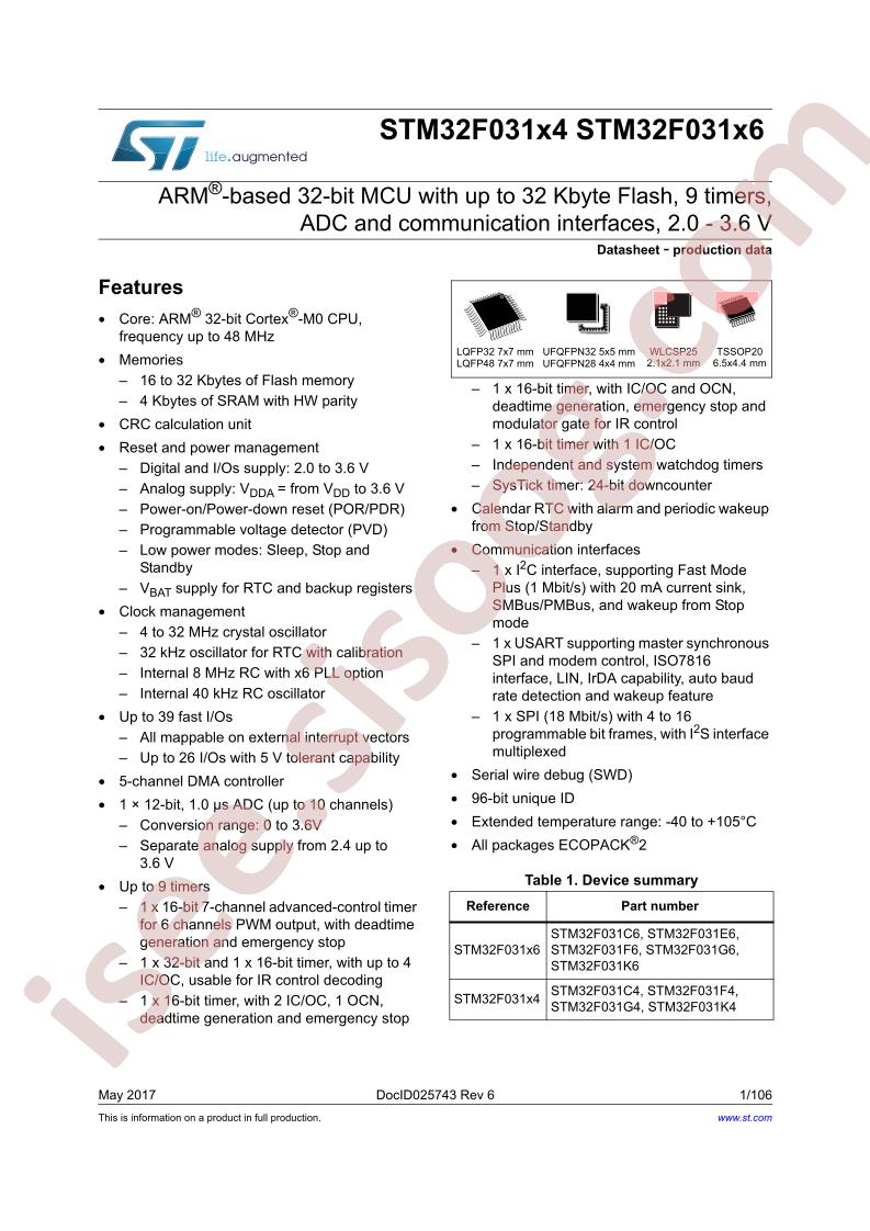 STM32F031x4, STM32F031x6 Datasheet