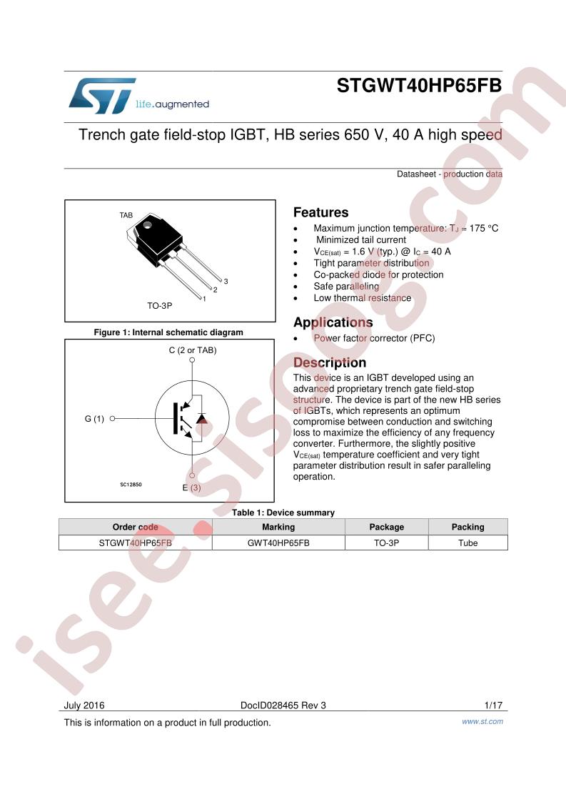 STGWT40HP65FB Datasheet