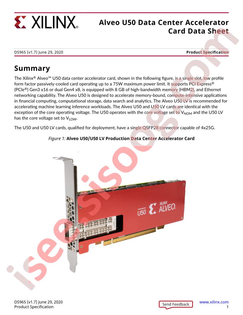 Alveo U50 Data Center Accelerator Card Datasheet