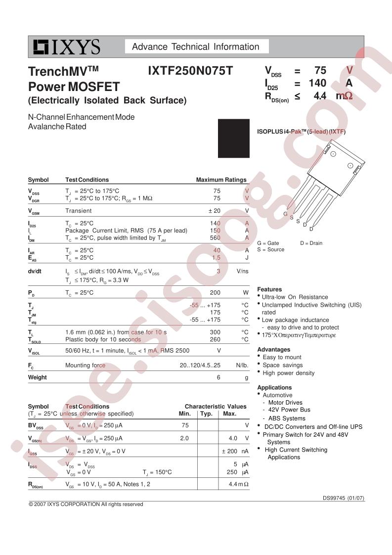 IXTF250N075T