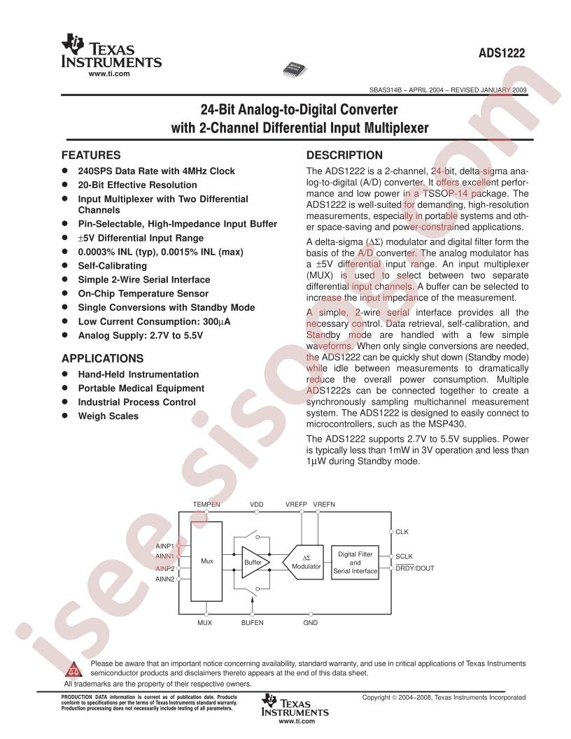 ADS1222 Datasheet