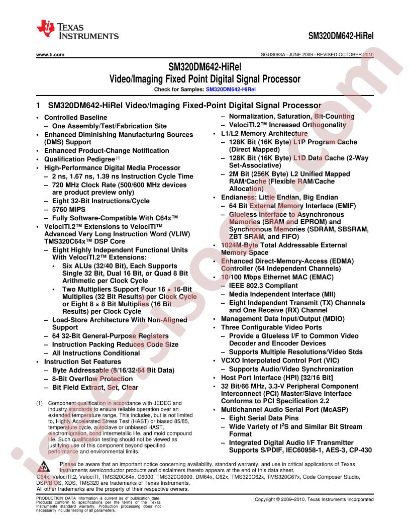 SM320DM642-HiRel Datasheet