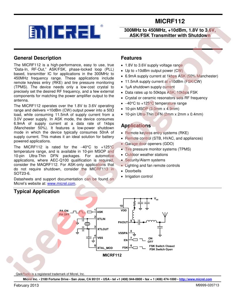 MICRF112 DataSheet