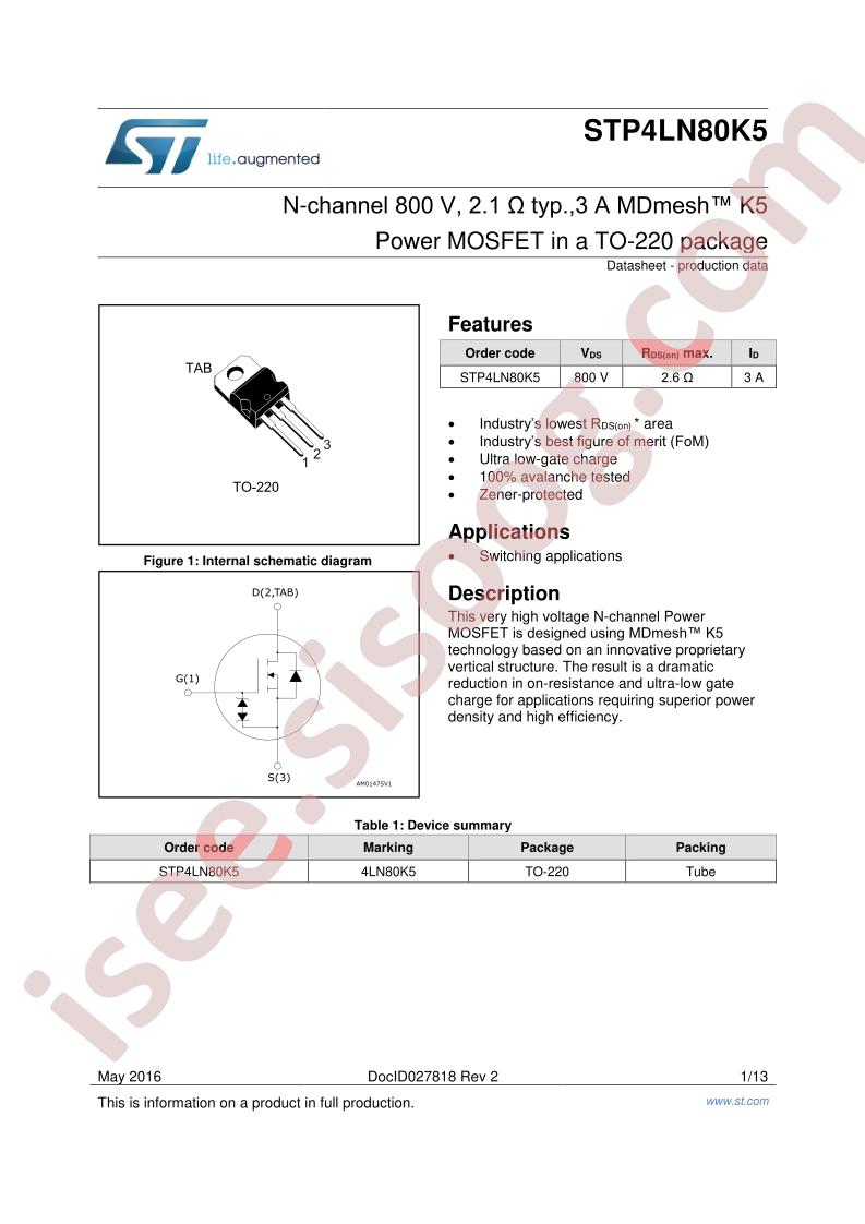 STP4LN80K5 Datasheet