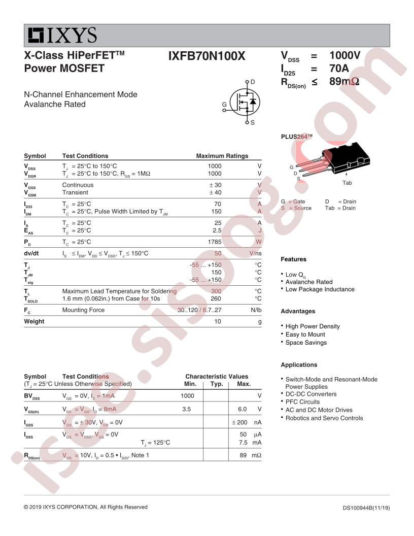 IXFB70N100X Datasheet