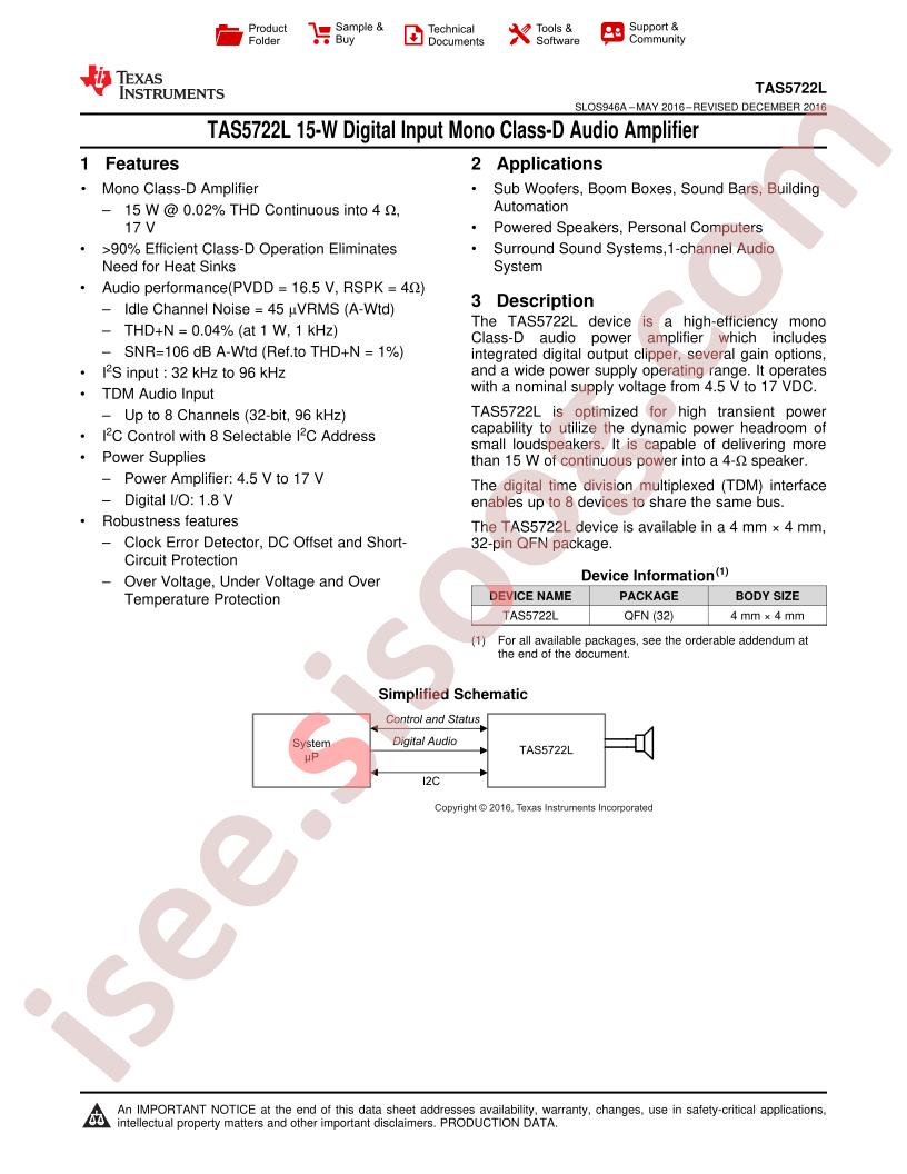 TAS5722L Datasheet