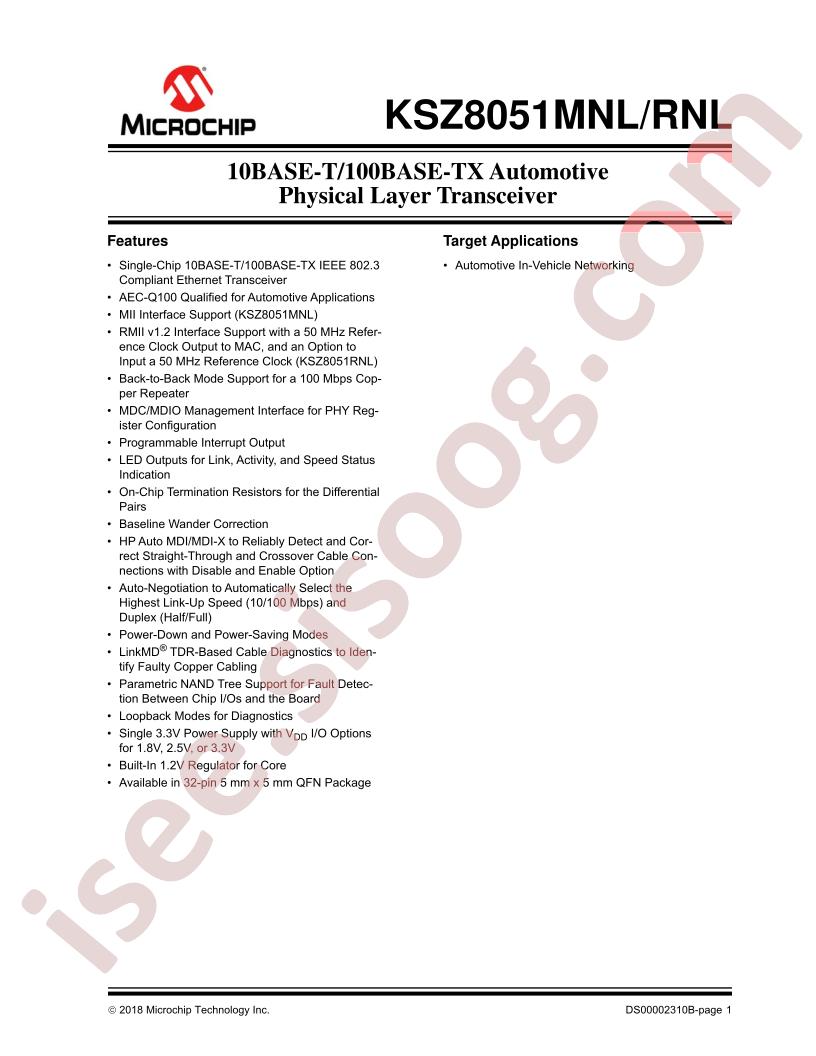 KSZ8051MNL/RNL Datasheet