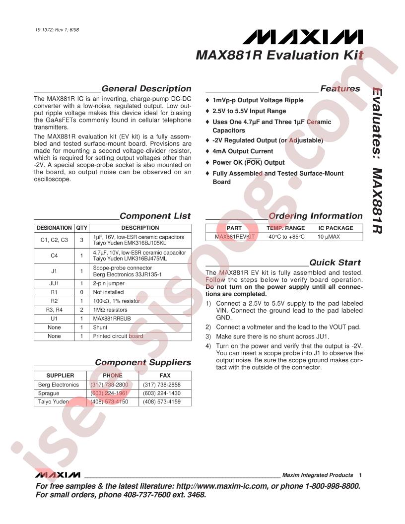 MAX881R Evaluation Kit