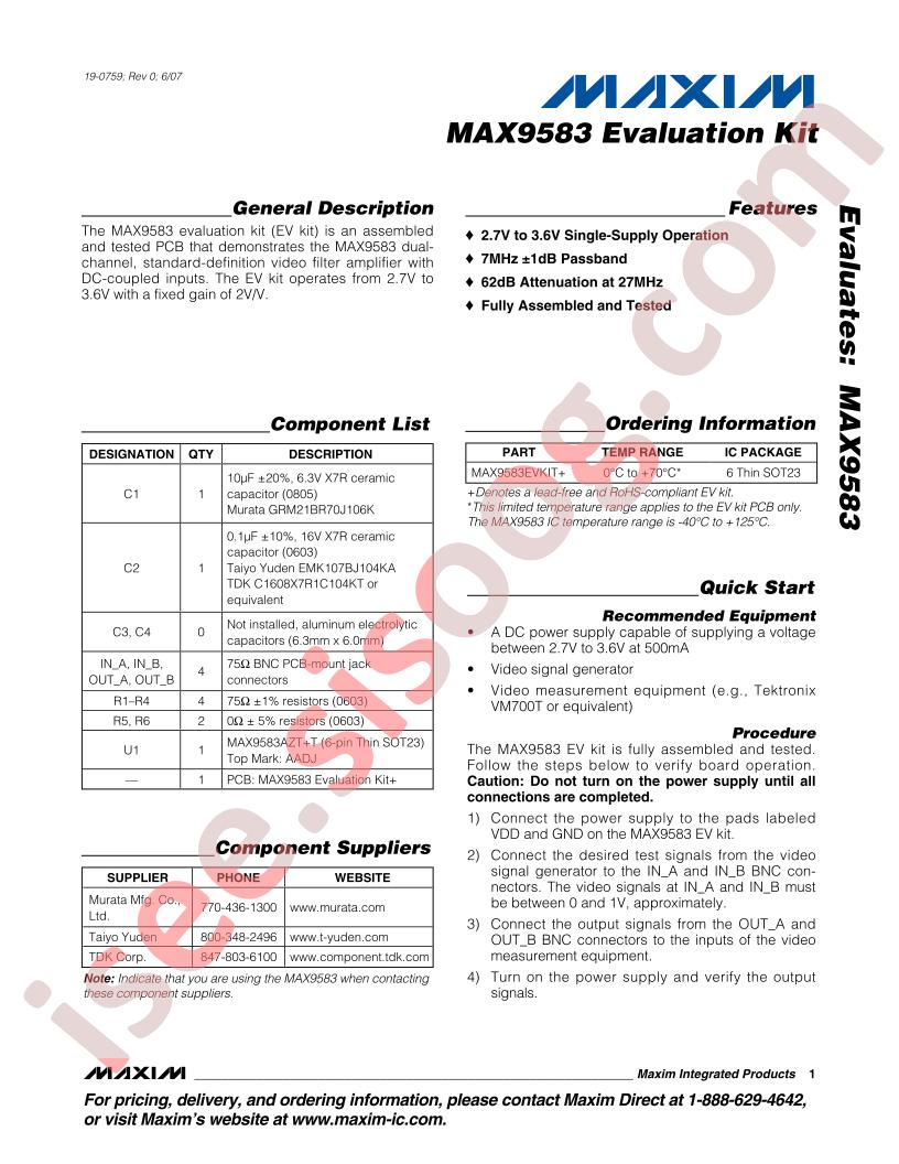 MAX9583 Evaluation Kit
