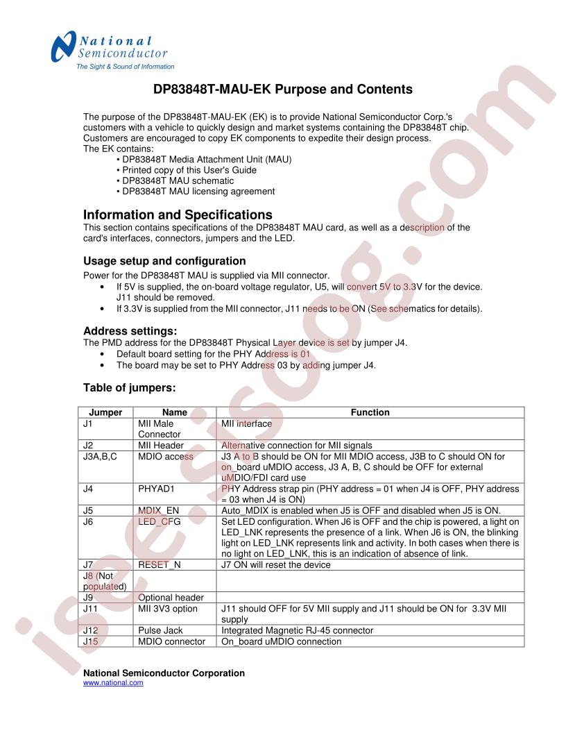 DP83848T-MAU-EK Purpose and Contents