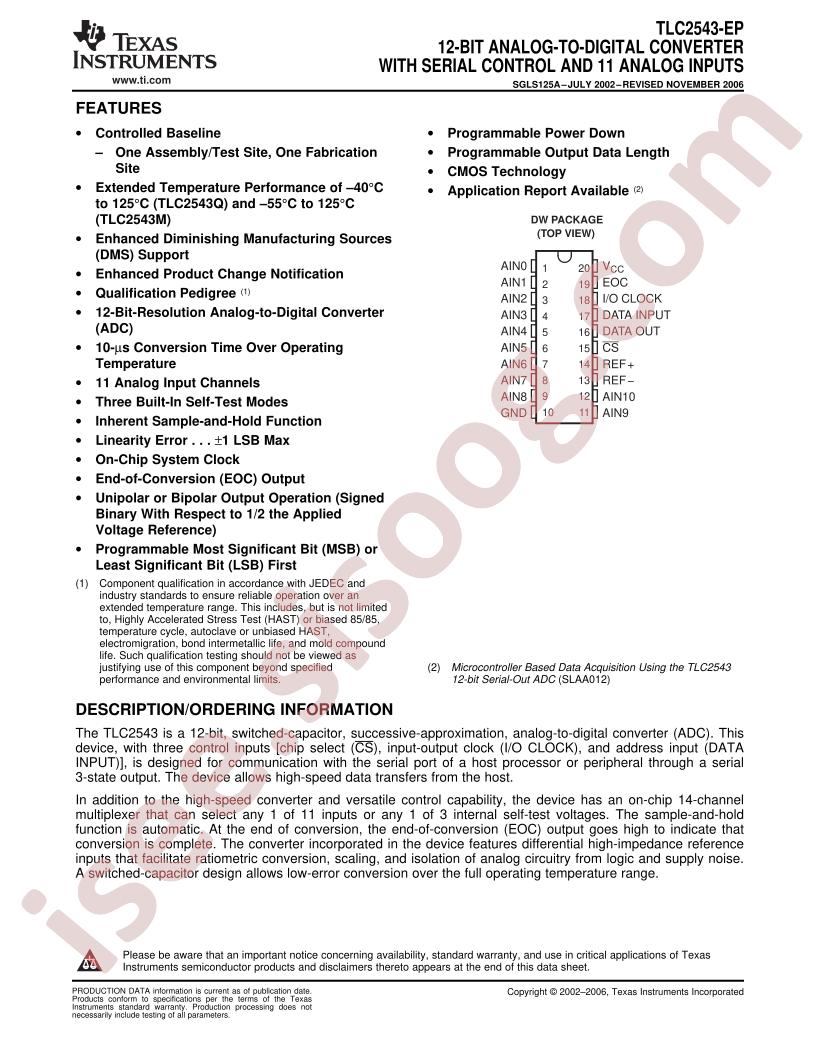 TLC2543-EP Datasheet