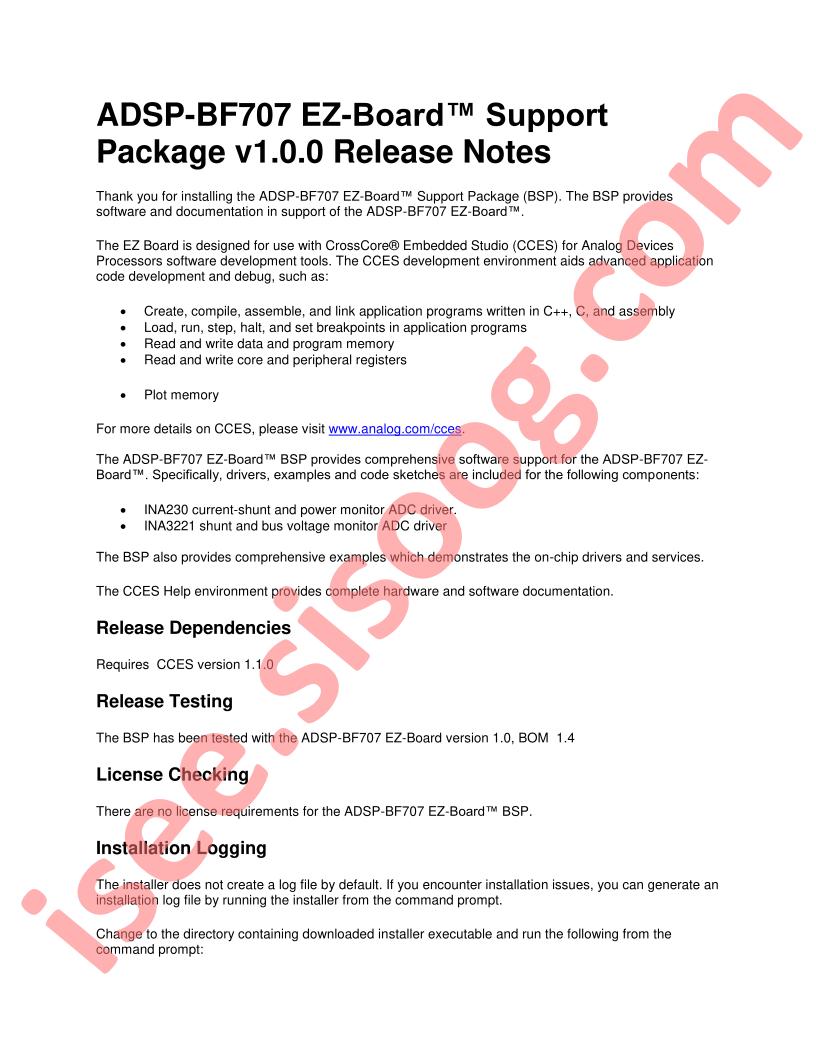 ADSP-BF707 EZ-Board™ Release Notes