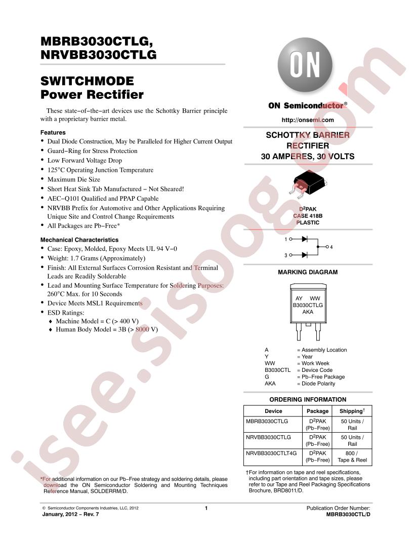 MBRB3030CTLG, NRVBB3030CTL(G,T4G)
