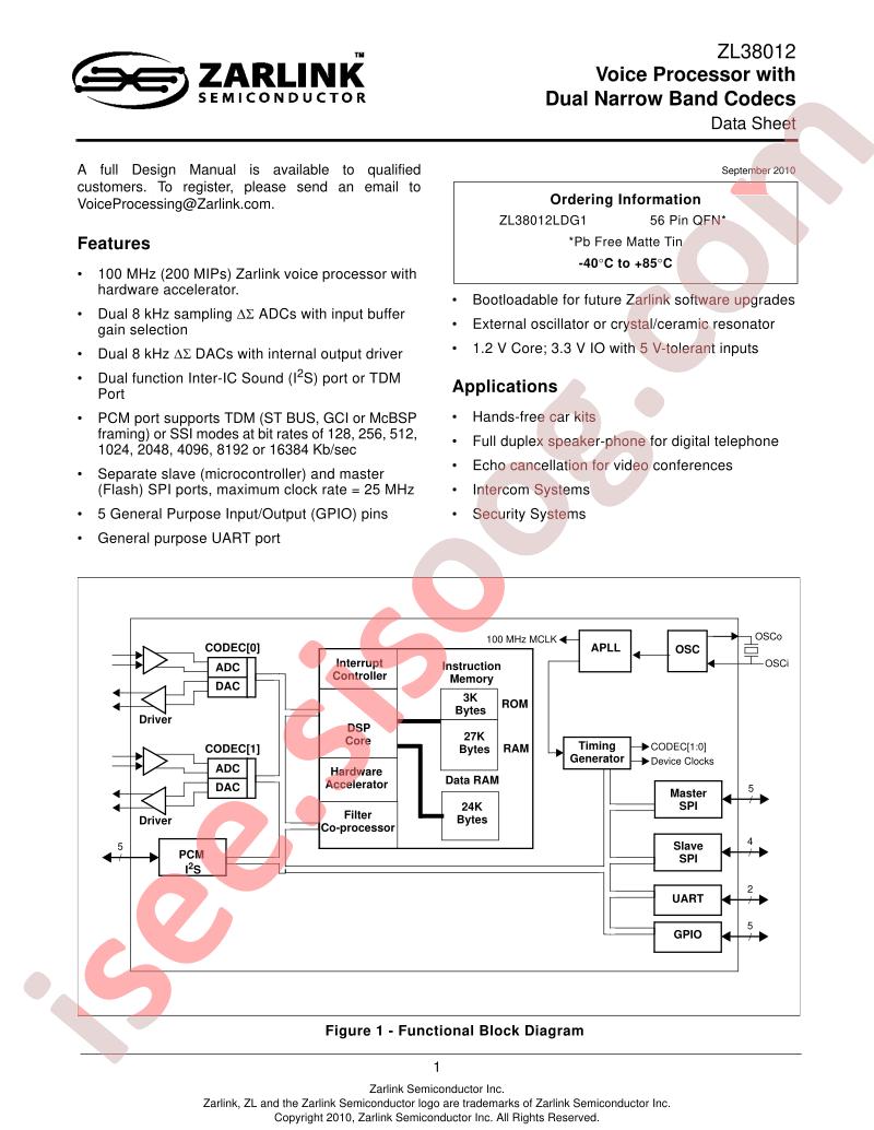ZL38012 Short Form Datasheet