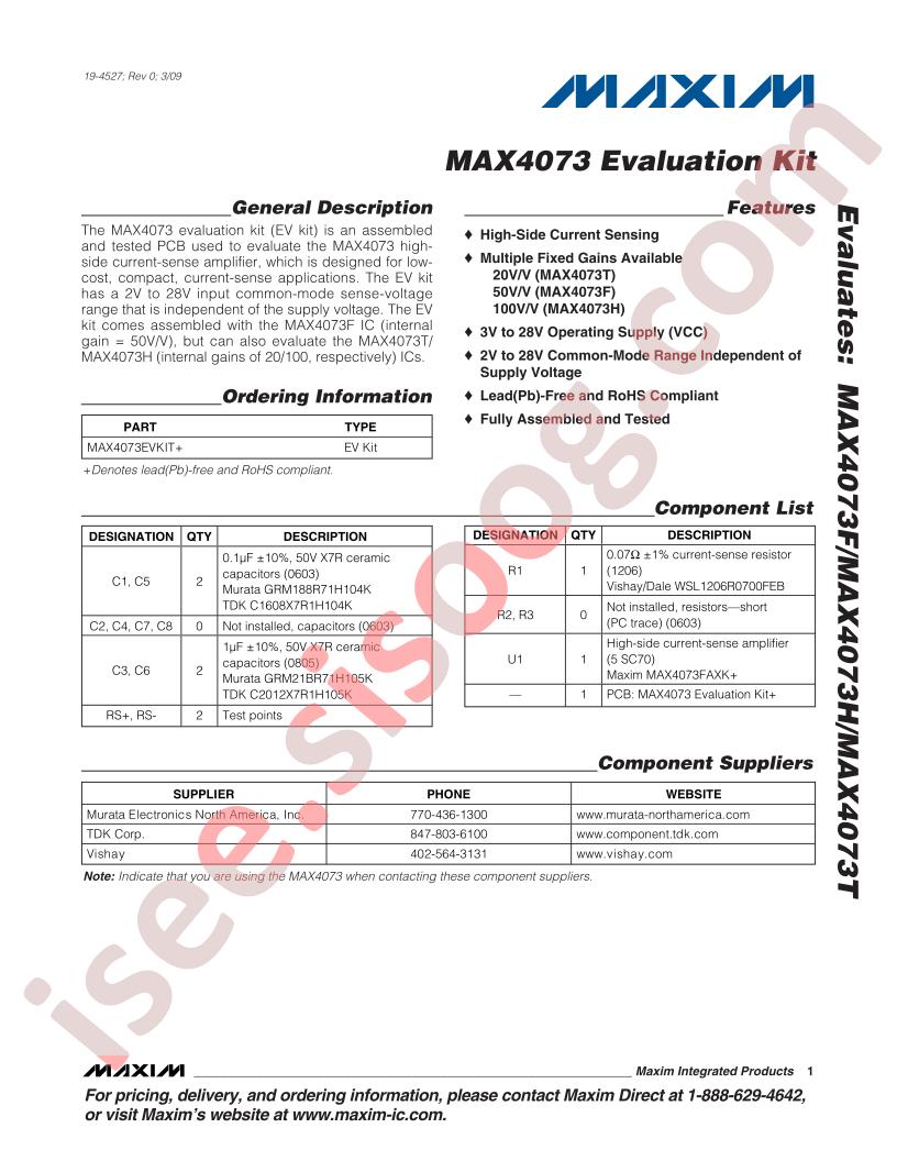 MAX4073 Evaluation Kit