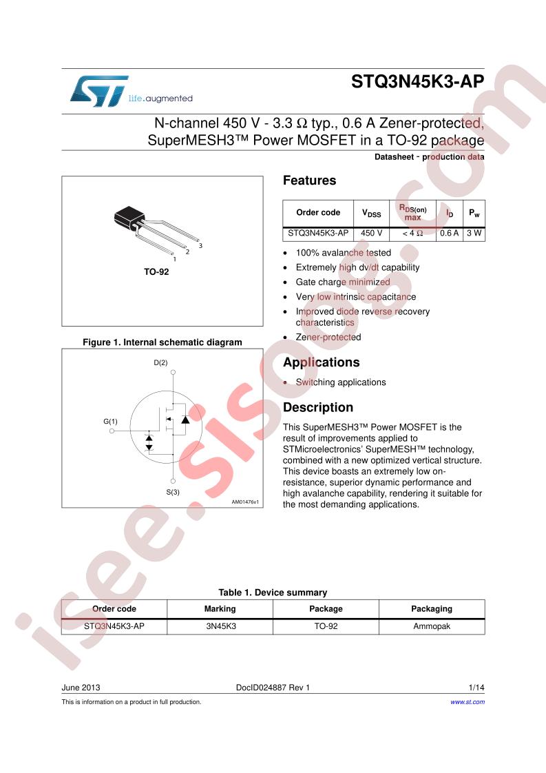 STQ3N45K3-AP Datasheet