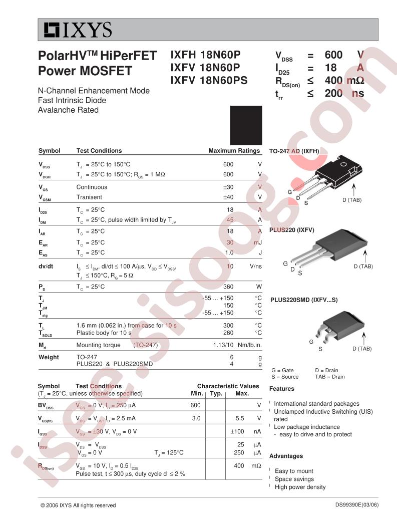 IXFH18N60P, IXFV18N60P/PS