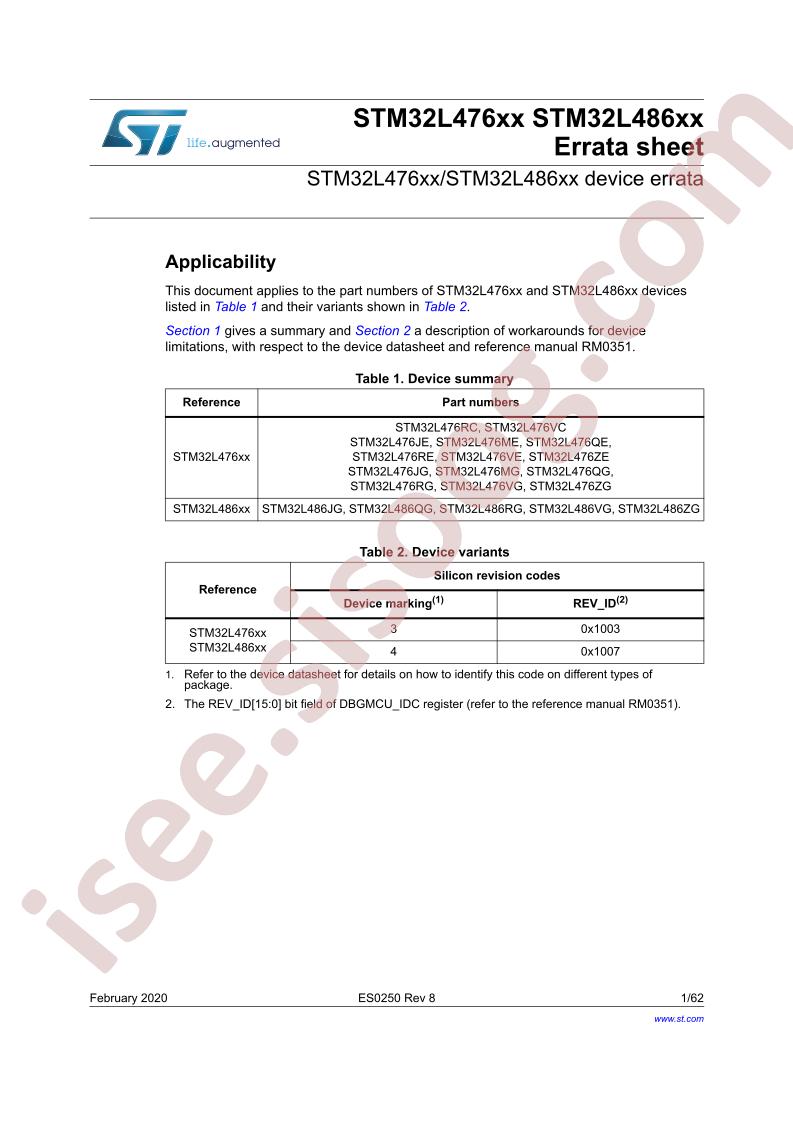 STM32L476xx, STM32L486xx Device Limitations