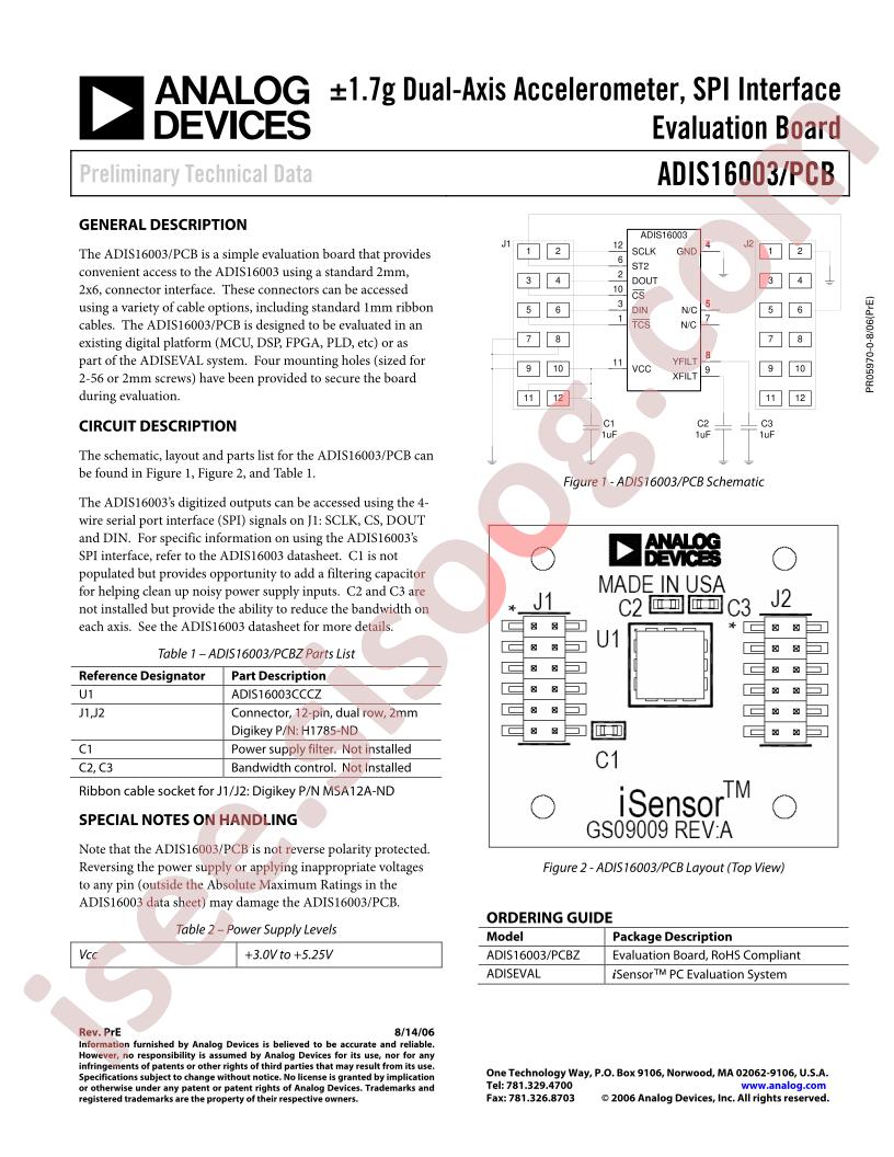 ADIS16003/PCB Eval Brd Preliminary