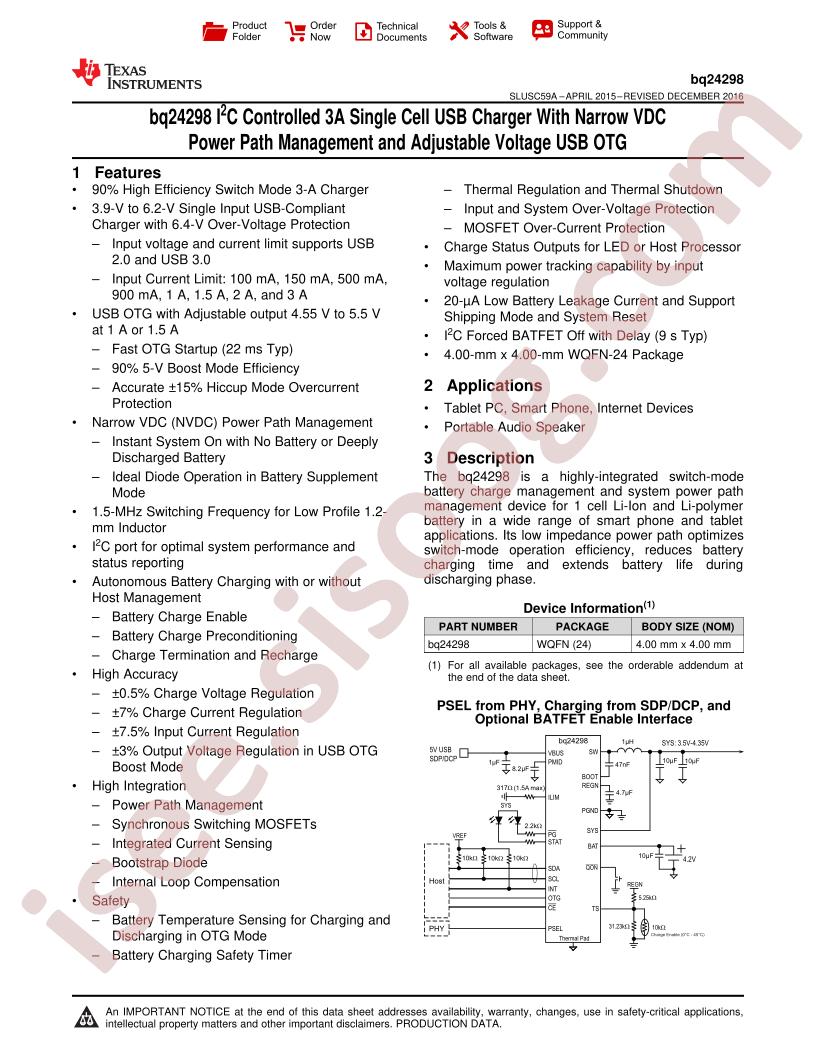 BQ24298 Datasheet