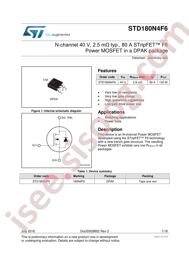 STD180N4F6 Datasheet