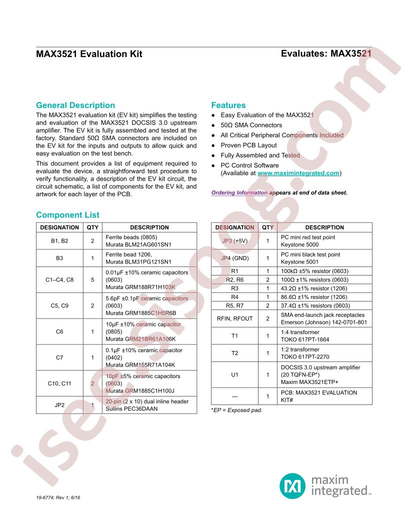 MAX3521 Evaluation Kit