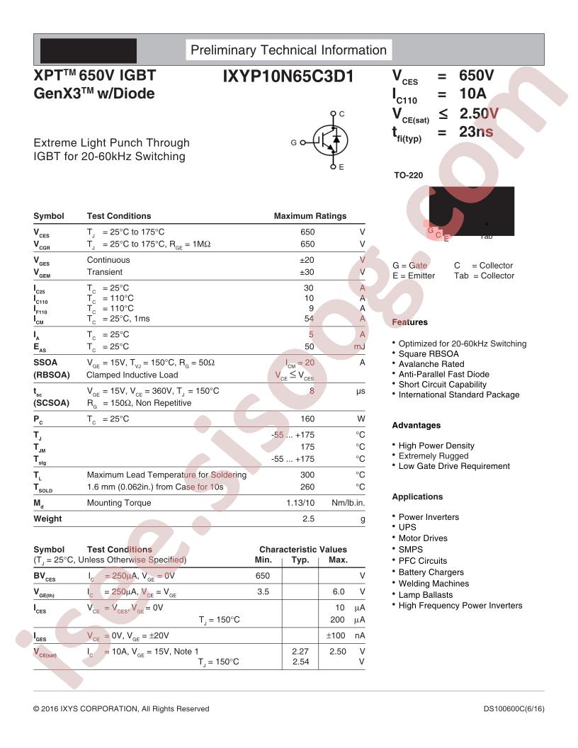 IXYP10N65C3D1 Datasheet