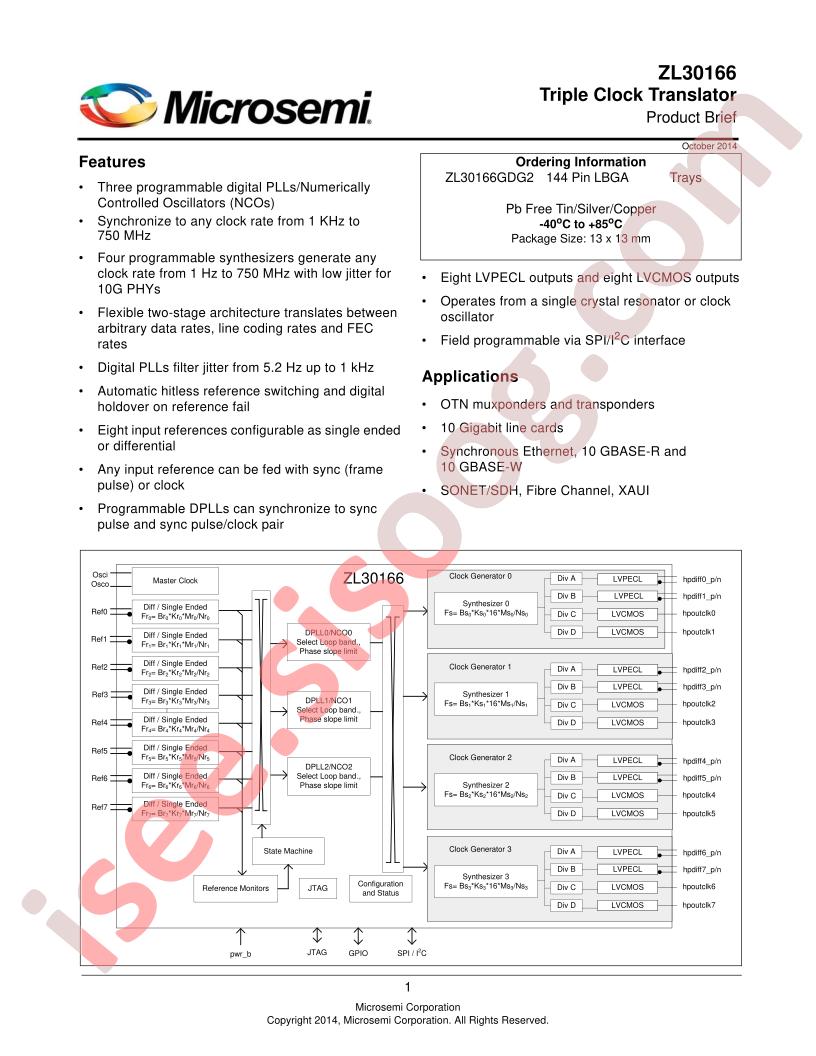 ZL30166 Short Form Datasheet