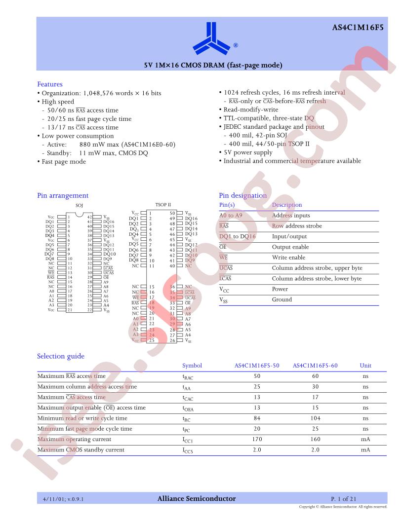 AS4C1M16F5-50TI